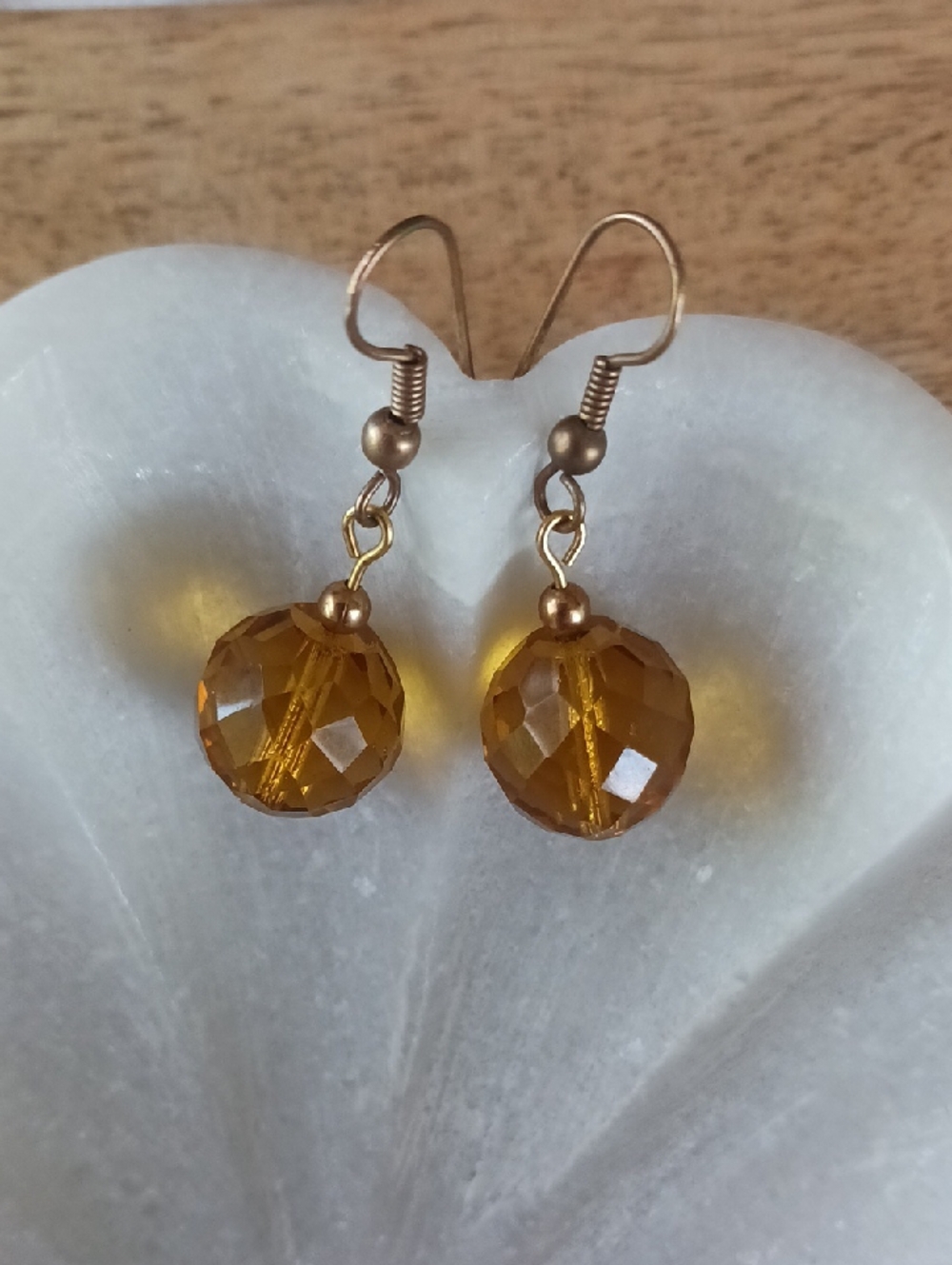Vintage Amber Colored Faceted Glass Beads On Copper-toned French Ear Wires